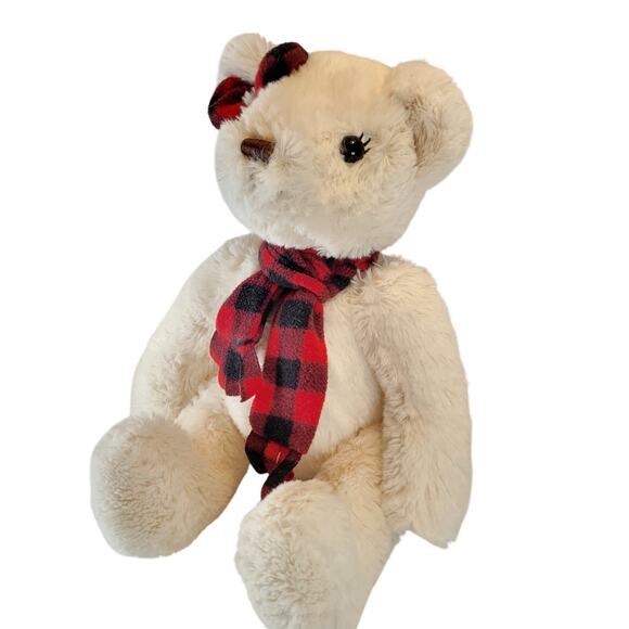 JOANN J Bear Plush Cream Teddy 16" Red Plaid Scarf Bow Stuffed Animal Toy - Picture 2 of 9